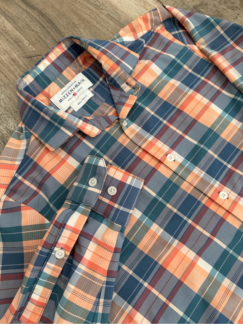 Mizzen+Main Teal, Peach & Navy Plaid Button-Down Shirt